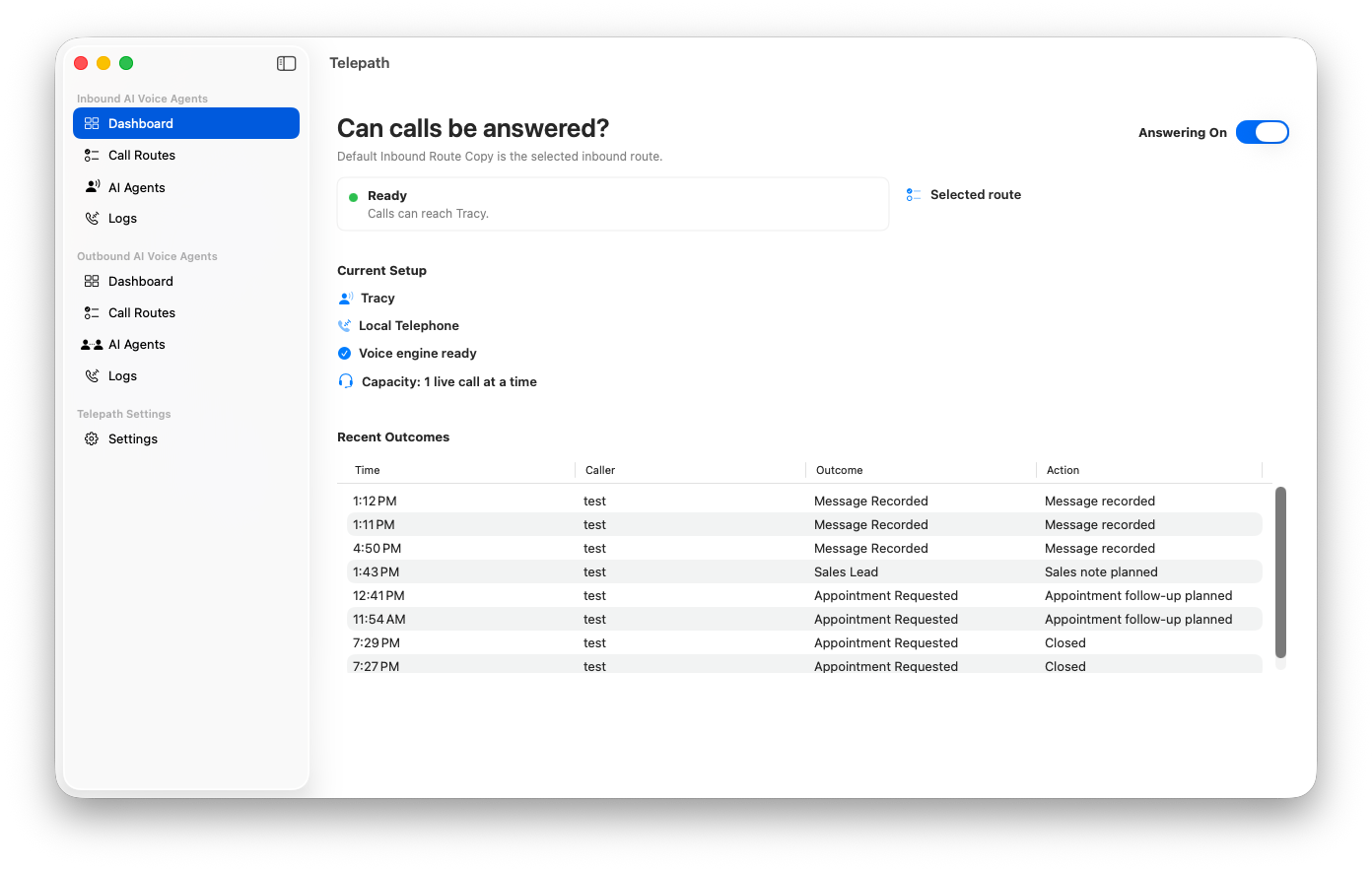 Telepath macOS app showing inbound agent configuration